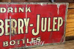 Early Drink Strawberry Julep in Bottles Tin Tacker Sign Rare Soda Fountain Vtg