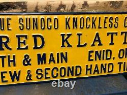 Early ORIGINAL Vintage BLUE SUNOCO KNOCKLESS GAS Old Tin tacker SIGN Enid, OK