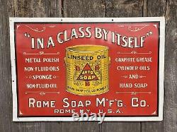 Early Vintage Embossed Auto Soap Linseed Oil ROME NY Soap Tin Advertising Sign