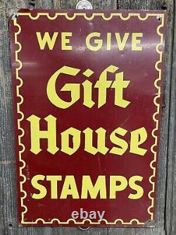 Early Vintage Tin GIFT HOUSE Stamps Advertising Sign SST Neat Great Colors