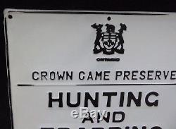 Excellent ONTARIO CROWN GAME PRESERVE HUNTING TRAPPING Embossed Tin Sign Vintage