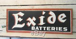 Exide Batteries Vintage 1947 Embossed Tin Metal Sign 48x18 Battery Porcelain