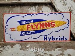 Flynns Vintage Sign Hybrid Farm Seed Corn Feed Embossed Tin Gas Oil Livestock