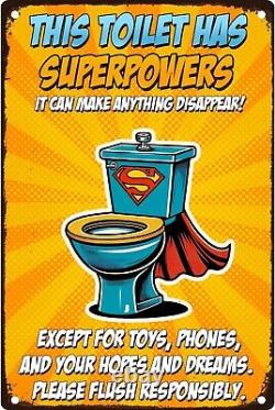 Funny Bathroom sign Toilet Superpowers Metal Aluminum 8x12 Sign