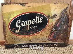 Grapette Soda Sign Tin Rare Original Embossed Gas Oil Old Vintage Antique