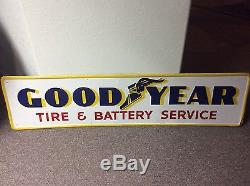 Huge Vintage 1955 Tin Metal Embossed Goodyear Tire Battery Sign 72 X 18