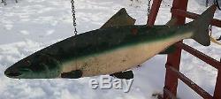 Huge Vintage 43 Hollow 2-Sided Painted Tin Fish Salmon Trade Sign, Iron Bracket