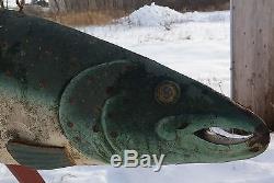 Huge Vintage 43 Hollow 2-Sided Painted Tin Fish Salmon Trade Sign, Iron Bracket