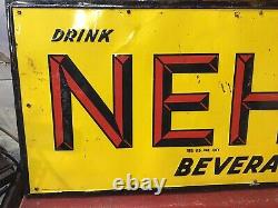 Large Vintage Original NEHI Beverages Embossed Tin Metal Sign