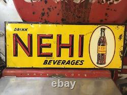 Large Vintage Original NEHI Beverages Embossed Tin Metal Sign