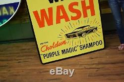 Large Vintage Original Tin Car Wash Wax Sign 1950's Chevy Buick Auto Service NOS