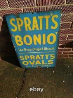 Large Vintage Spratts Bonio Tin Enamel Original Sign Blue/Yellow