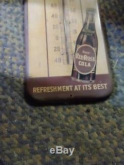 Large Vtg Red Rock Cola Soda TIN Thermometer Sign 1939