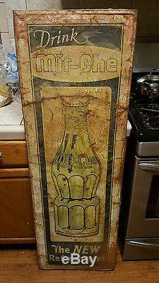 Large and rare 1930s Vintage Mit Che Soda Sign tin with wood frame Country Store