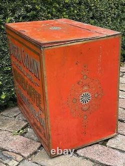 Lg Antique Tin Dutch Colony Toledo Ohio COFFEE Co Box Trunk Chest Old Red Paint