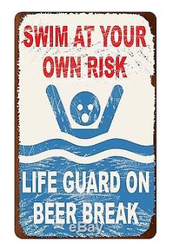 Lifeguard on Beer Break TIN SIGN funny vtg metal pool beach bar no swimming OHW