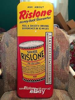 MINTY Vintage Antique Rislone Gas Oil Can Tin Non Porcelain Thermometer Sign WOW