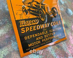 Mapco Speedway Coils Tin Sign Race Car 1930s Detroit Michigan Gas & Oil Vintage