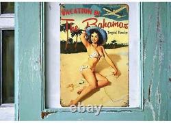 Metal Tin Sign Girl Vacation in The Bahamas Beach Retro Poster Home Wall Decor