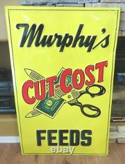Murphy's CUT-COST FEEDS embossed tin metal VINTAGE farm SIGN dollar bill cow pig