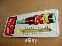 NEAR MINT 1940s Vintage ROYAL CROWN COLA Old Emboss Bottle Tin Thermometer Sign