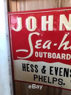 NOS Johnson sea horse outboard motor tin sign 1940s WIS antique vtg See