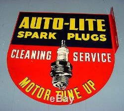 NOS NEAR MINT 1940s Vintage AUTOLITE SPARK PLUGS Old Gas Station Tin Flange Sign