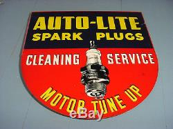 NOS NEAR MINT 1940s Vintage AUTOLITE SPARK PLUGS Old Gas Station Tin Flange Sign
