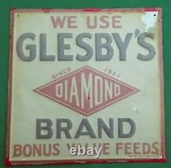 NOS Vintage Glesby's Diamond Brand Feeds Embossed Metal Tin Sign