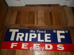 NOS Vintage Triple F Feeds Farm Cattle Livestock Tin Advertising Sign in CRATE