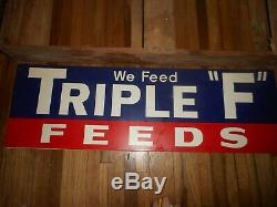 NOS Vintage Triple F Feeds Farm Cattle Livestock Tin Advertising Sign in CRATE