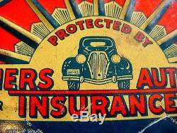 OLD CAR 1930s Vintage Art Deco FARMERS AUTO INS License Plate Topper Tin Sign