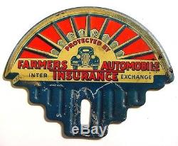 OLD CAR 1930s Vintage Art Deco FARMERS AUTO INS License Plate Topper Tin Sign