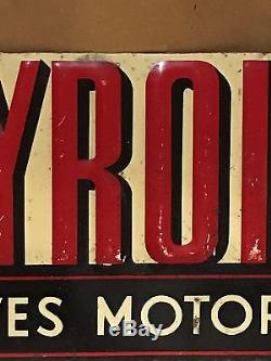 ORIGINAL Vintage PYROIL SAVES MOTORS Sign GAS oil OLD Tin Tacker Mancave Car