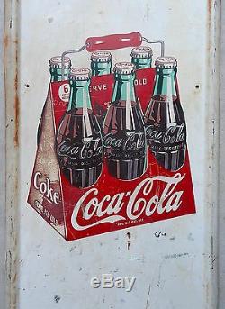 ORIGINAL vintage Serve COKE at HOME Coca-Cola SODA TIN SIGN & BUTTON 1940's