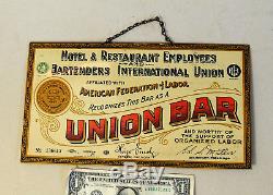 ORIGINAL vtg 1930s TIN SIGN Hotel Restaurant BAR UNION Labor AFofL Bartender