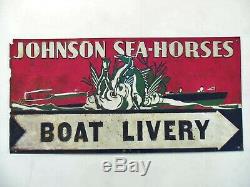 Old Boating Sign Johnson Sea Horses Vintage Boat Motor Embossed Tin Livery Dock