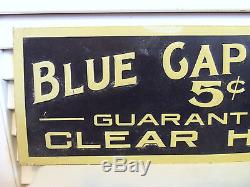 Old Cigar Sign 1910s Vintage Blue Cap 5 Cent Havana Cuban Cigar Embossed Tin