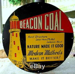 Original BEACON COAL Metal Tin Sign Vintage Lighthouse 14 Dia