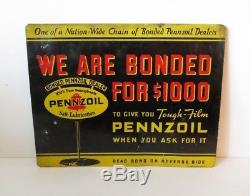 Original Vintage 1930s Pennzoil Bonded Dealer Double-Sided Tin Metal Sign