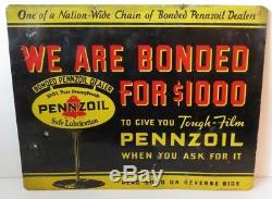 Original Vintage 1930s Pennzoil Bonded Dealer Double-Sided Tin Metal Sign