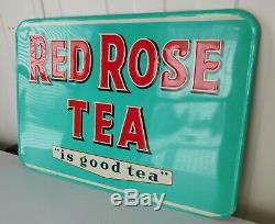 Original Vintage 1950's Mint 9.5/10 Cond Red Rose Tea Coffee Embossed Tin Sign