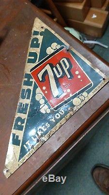 Original Vintage 7 UP Door Push Kick Corner Soda Tin Sign Stout