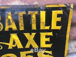 Original Vintage Battle Axe Shoes Sign Antique Early Tin Tacker Great Patina Old