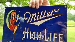 Original Vintage Miller High Life Beer Porcelain Enamel Gas Station Sign Bar