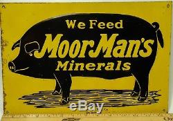 Original Vintage Moorman's Moor Man Embossed Tin Sign Country Pig Hog Quincy IL