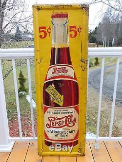 Original Vintage Pepsi Cola 5 Cents Double Dot 48x16 Tin Sign 1930's Self Framed