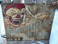 Original Vintage Ponchartrain Beach tin sign 1930s Amusement Park Carnival Clown