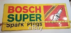 Original Vintage Tin Sign Metal BOSCH SUPER Spark Plugs Gas Oil Auto 10 x 24 In
