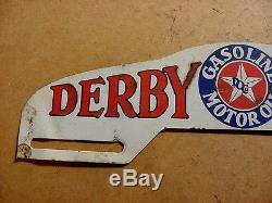 RARE 1940s Vintage DERBY MOR OIL GASOLINE Old Tin License Plate Topper Sign